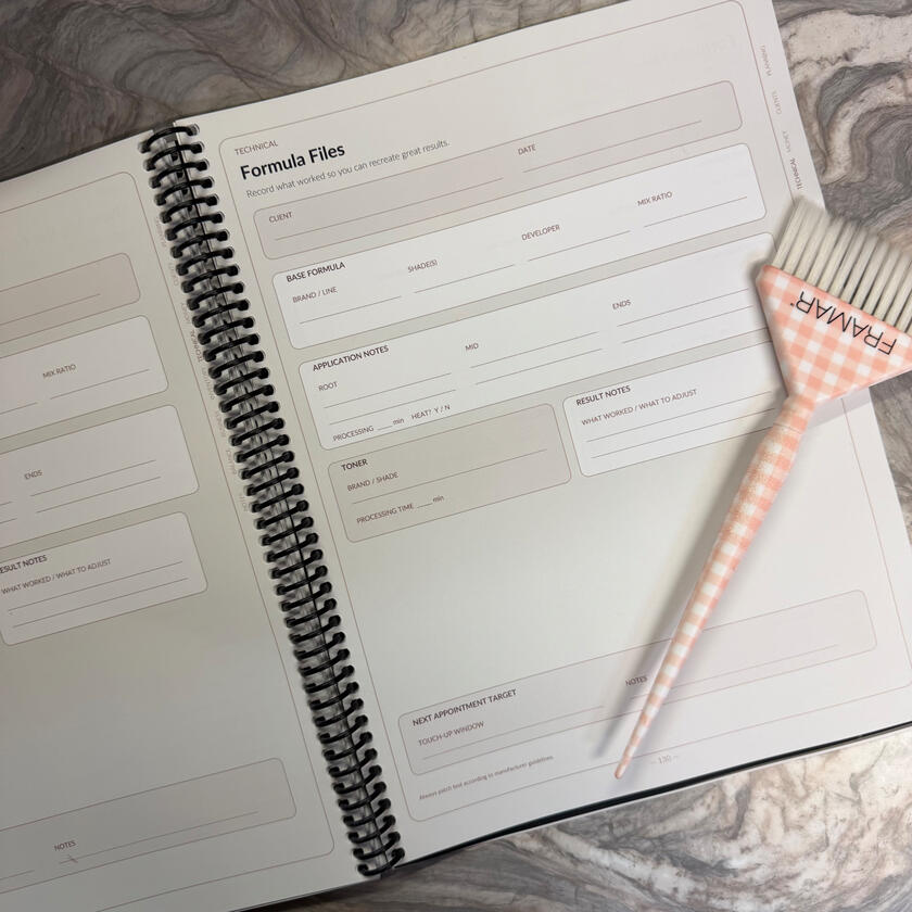 Formula Files Page Template for tracking color formulas, developer ratios, and toner notes