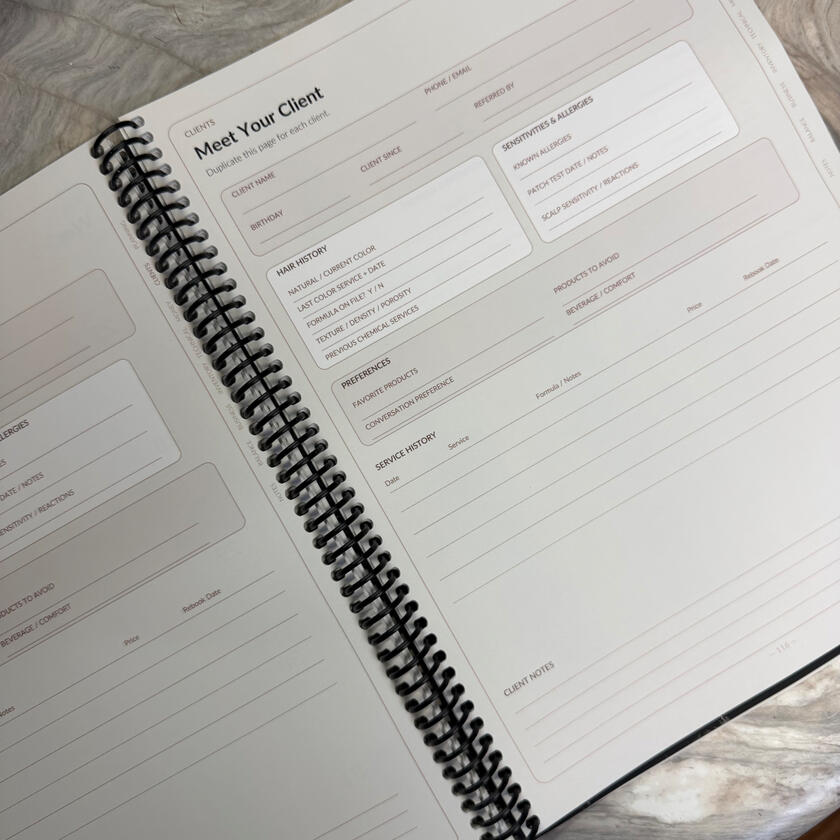 Client Profile Page Template for logging client hair history, preferences, and contact info